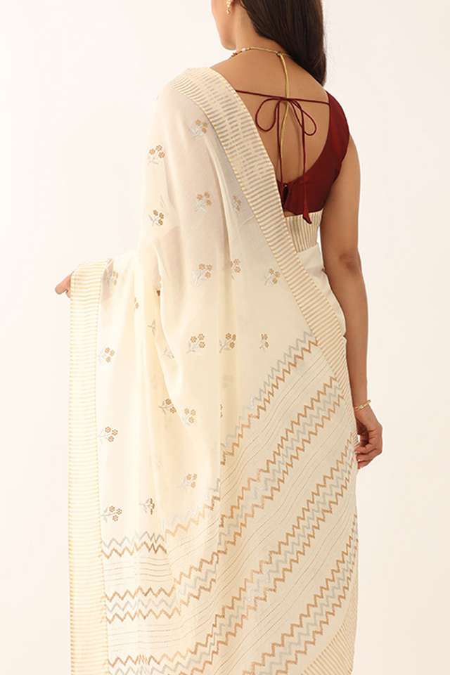 Off White Silk Cotton Embroidery Saree thumbnail image number null