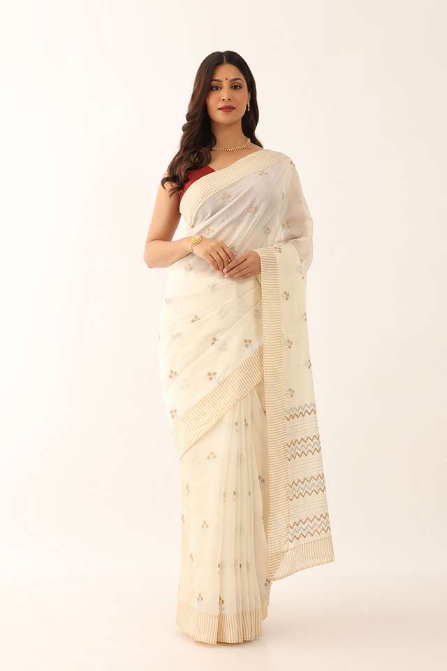 Off White Silk Cotton Embroidery Saree thumbnail image number null