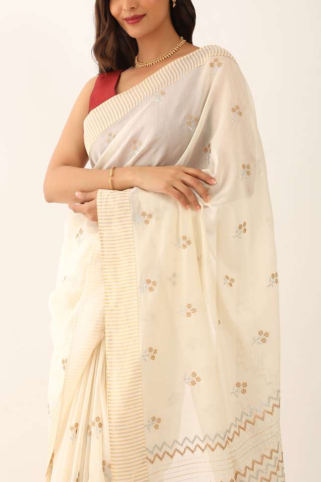 Off White Silk Cotton Embroidery Saree thumbnail image number null