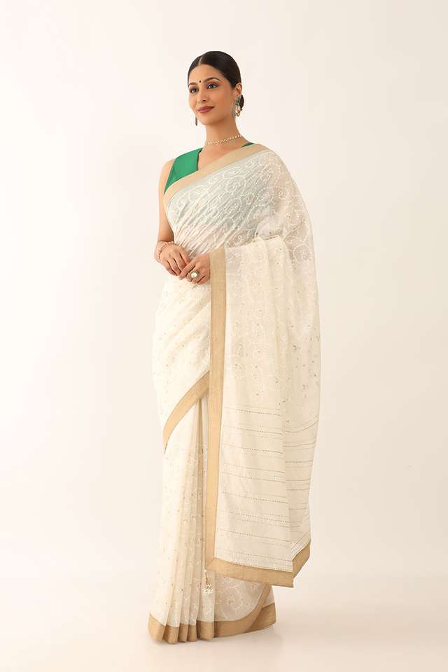Off White Silk Cotton Embroidery Saree thumbnail image number null