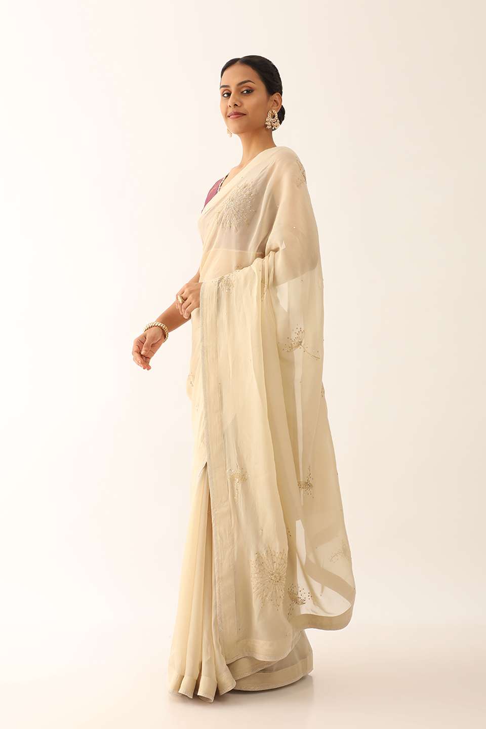 Beige Viscose Embroidery Saree