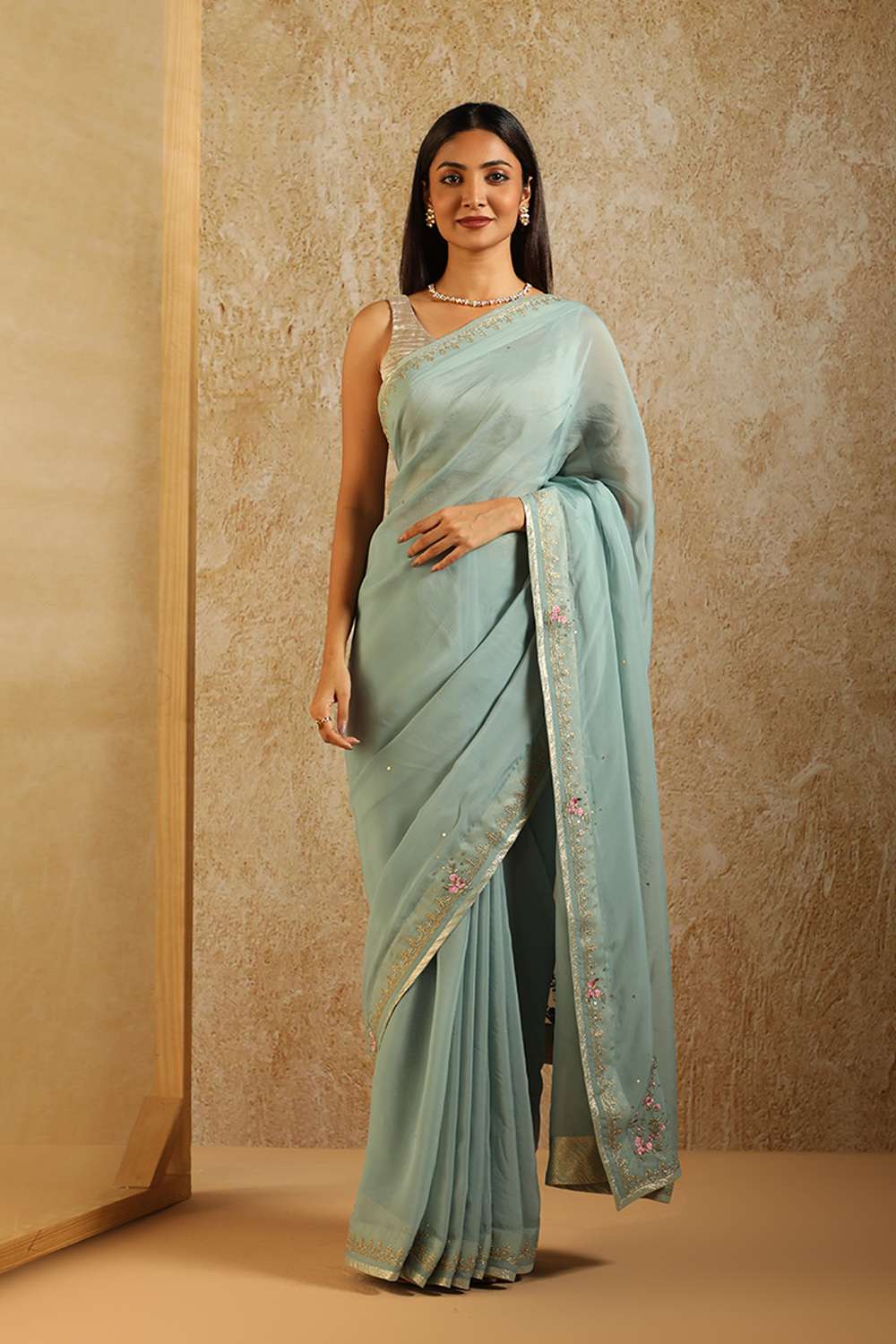 Turquoise Contemporary Viscose Embroidery Saree image number null
