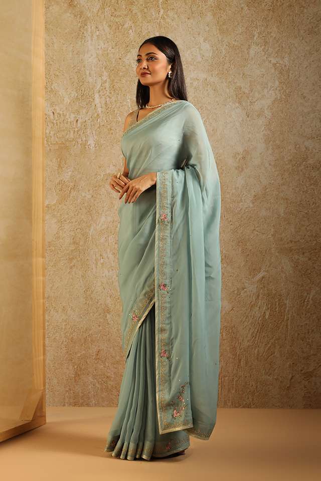 Turquoise Contemporary Viscose Embroidery Saree thumbnail image number null