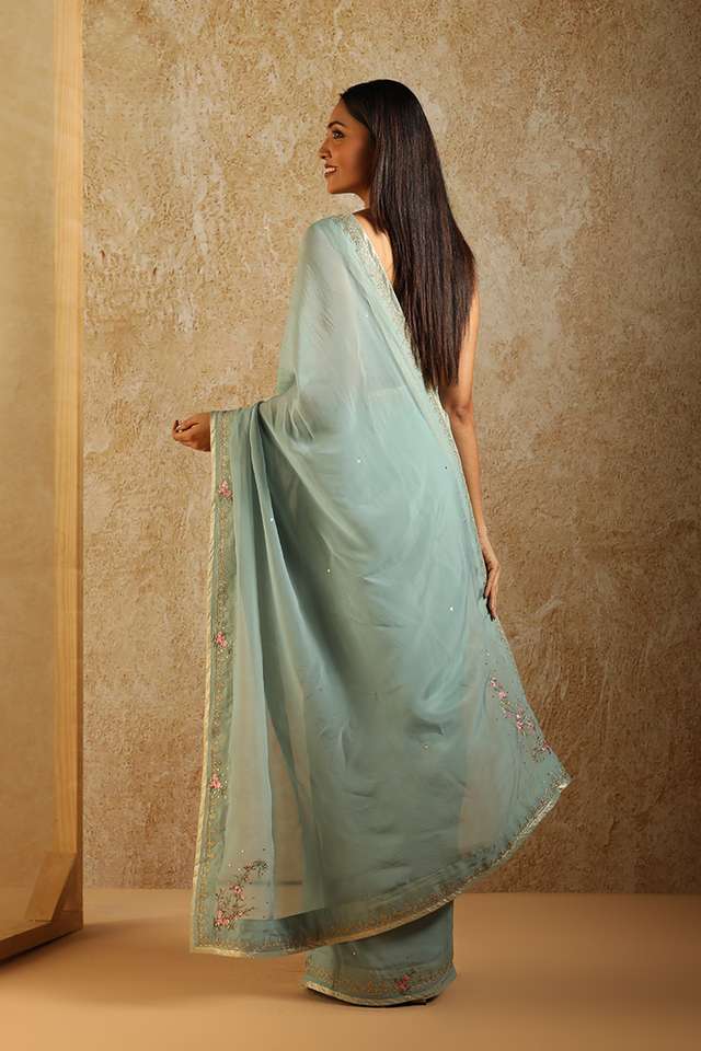 Turquoise Contemporary Viscose Embroidery Saree thumbnail image number null