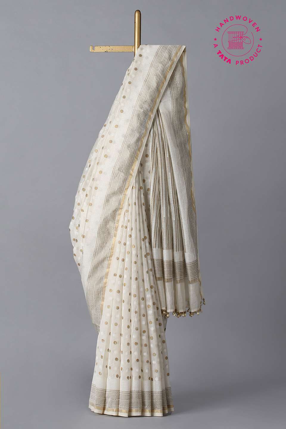 Off White Pure Silk Cotton Hand Printed Saree