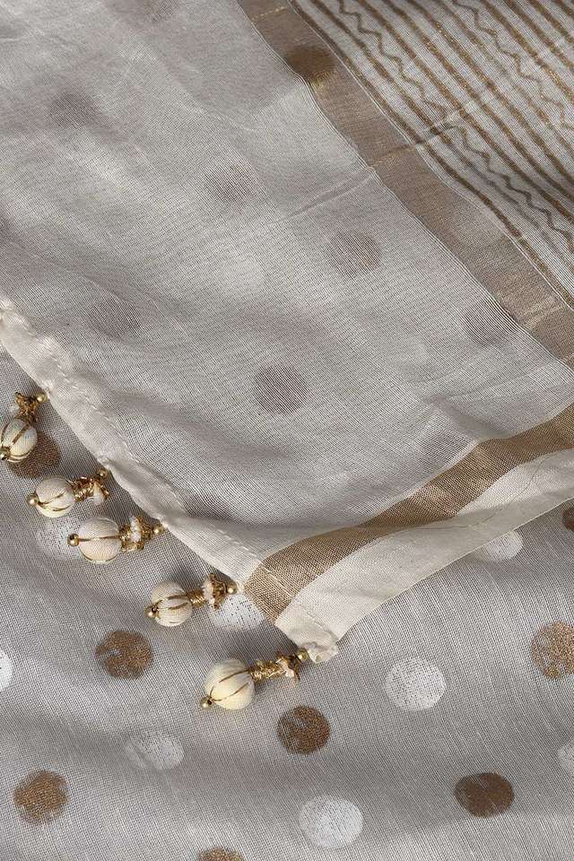 Off White Pure Silk Cotton Hand Printed Saree thumbnail image number null