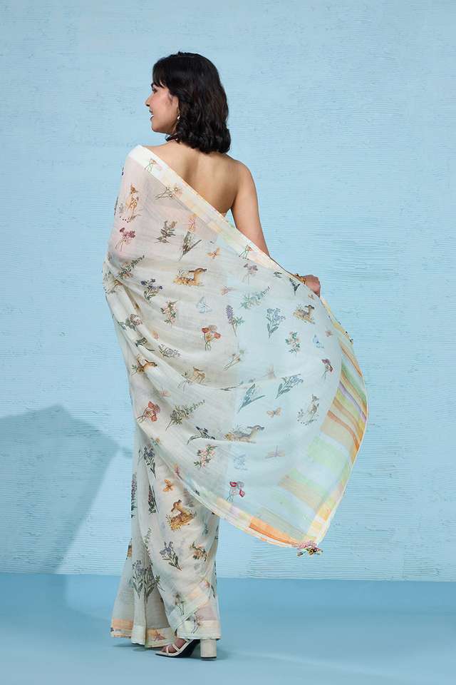 Off White Printed Pure Silk Cotton Saree thumbnail image number null