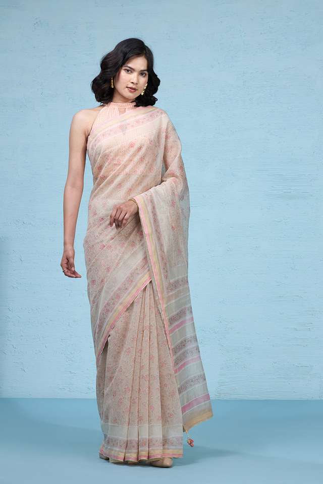 Pink Rajasthan Block Printed Pure Silk Cotton Saree image number