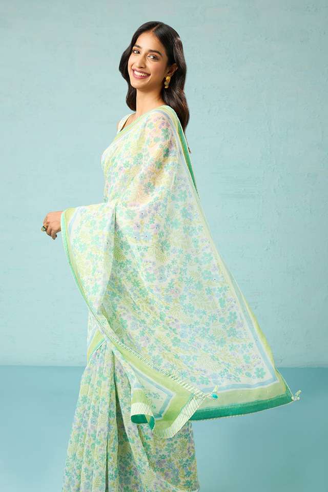 Green Rajasthan Pure Silk Cotton Printed Mukaish Saree image number