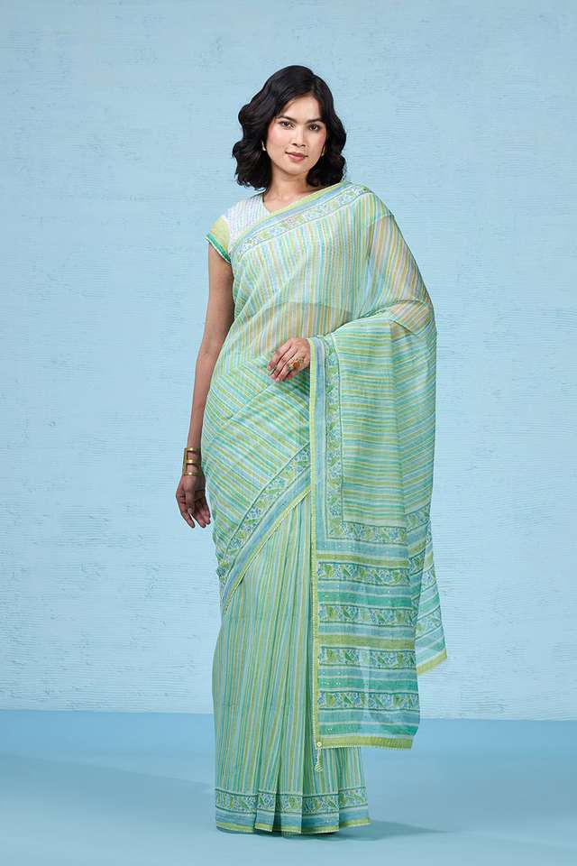 Green Rajasthan Pure Silk Cotton Printed Mukaish Saree image number
