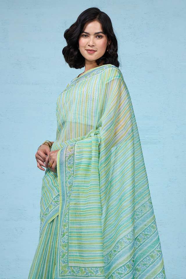Green Rajasthan Pure Silk Cotton Printed Mukaish Saree thumbnail image number null