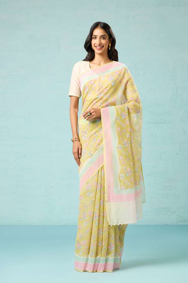 Light Green Bagru Block Printed Pure Silk Cotton Saree thumbnail image number null