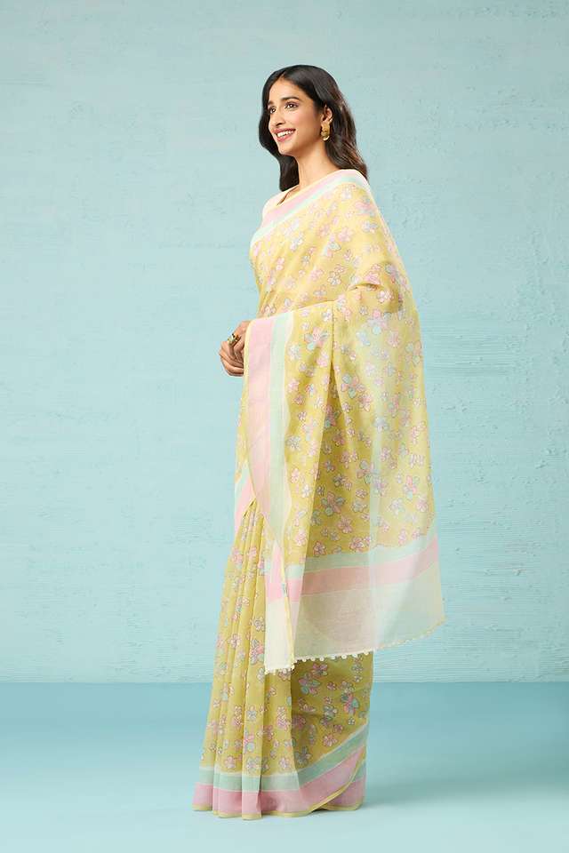 Light Green Bagru Block Printed Pure Silk Cotton Saree thumbnail image number null
