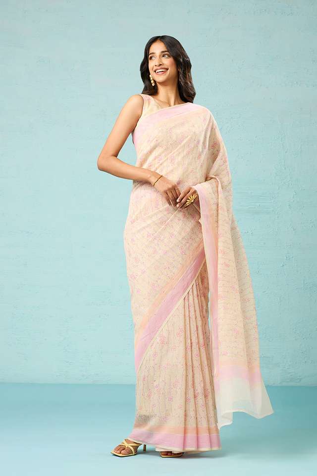 Beige Bagru Pure Silk Cotton Mukaish Saree image number