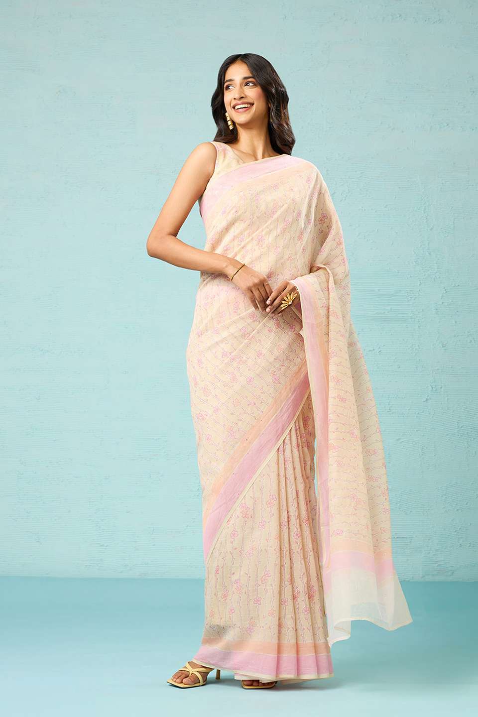 Beige Bagru Pure Silk Cotton Mukaish Saree
