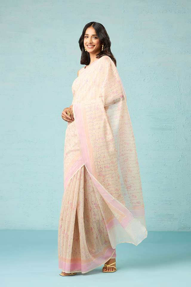Beige Bagru Pure Silk Cotton Mukaish Saree thumbnail image number null