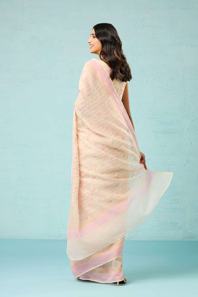 Beige Bagru Pure Silk Cotton Mukaish Saree thumbnail image number null