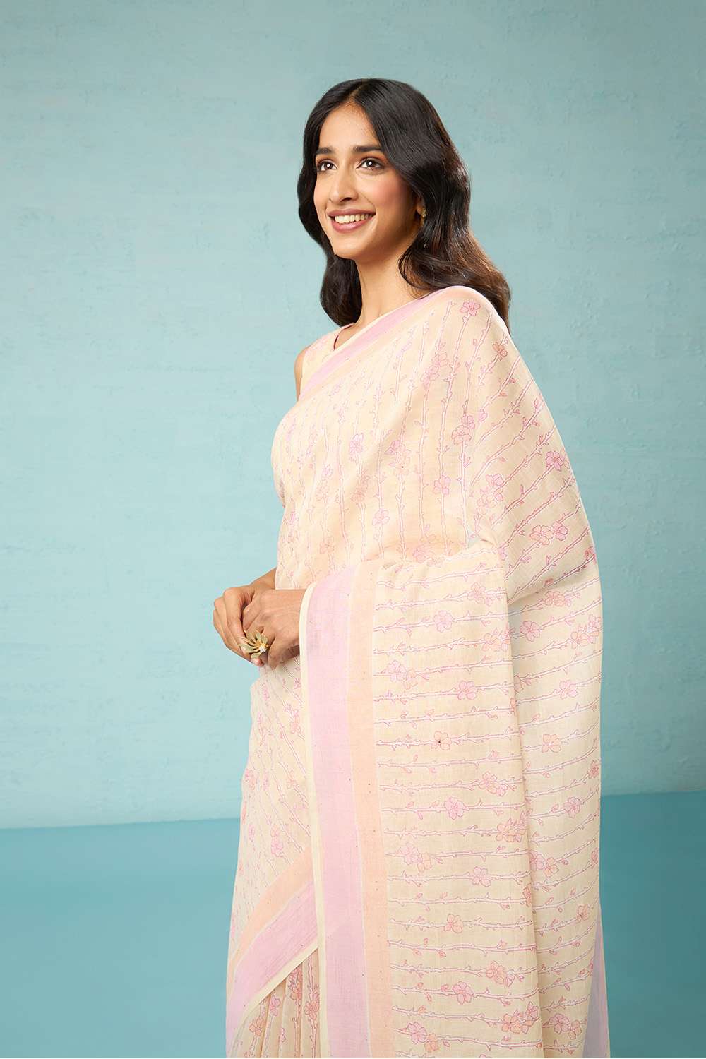 Beige Bagru Pure Silk Cotton Mukaish Saree image number null