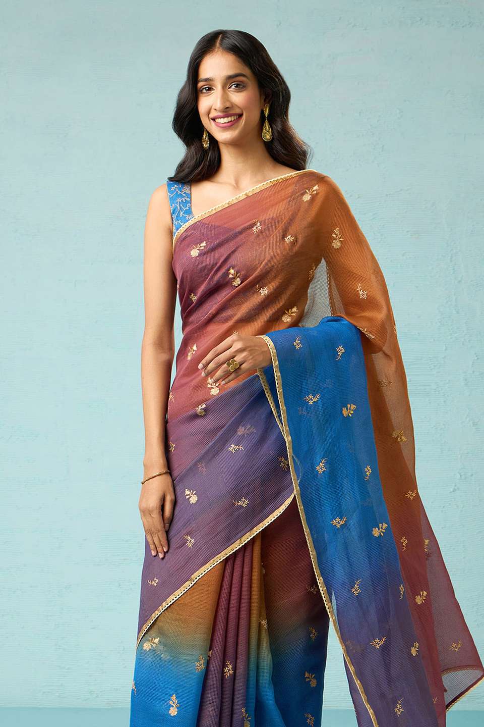 Blue Pure Silk Cotton Embroidered Saree