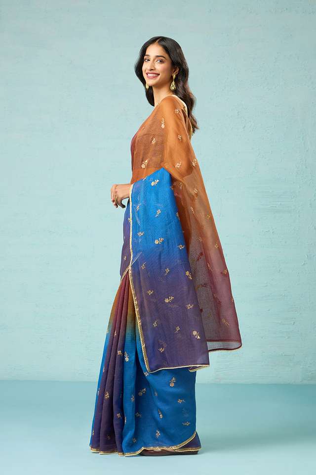 Blue Pure Silk Cotton Embroidered Saree thumbnail image number null