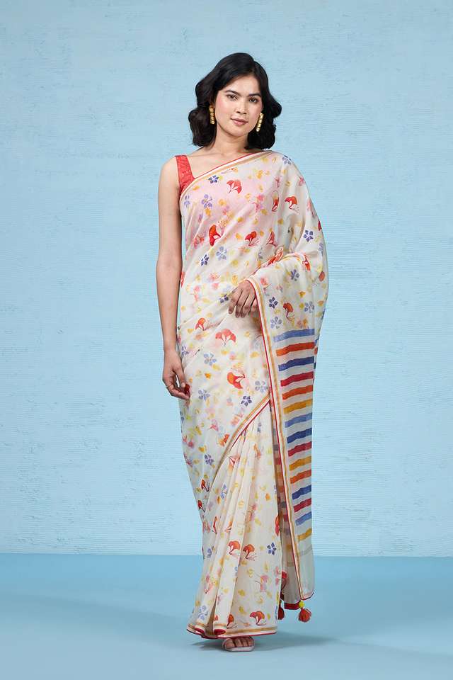 Off White Printed Pure Silk Cotton Saree image number