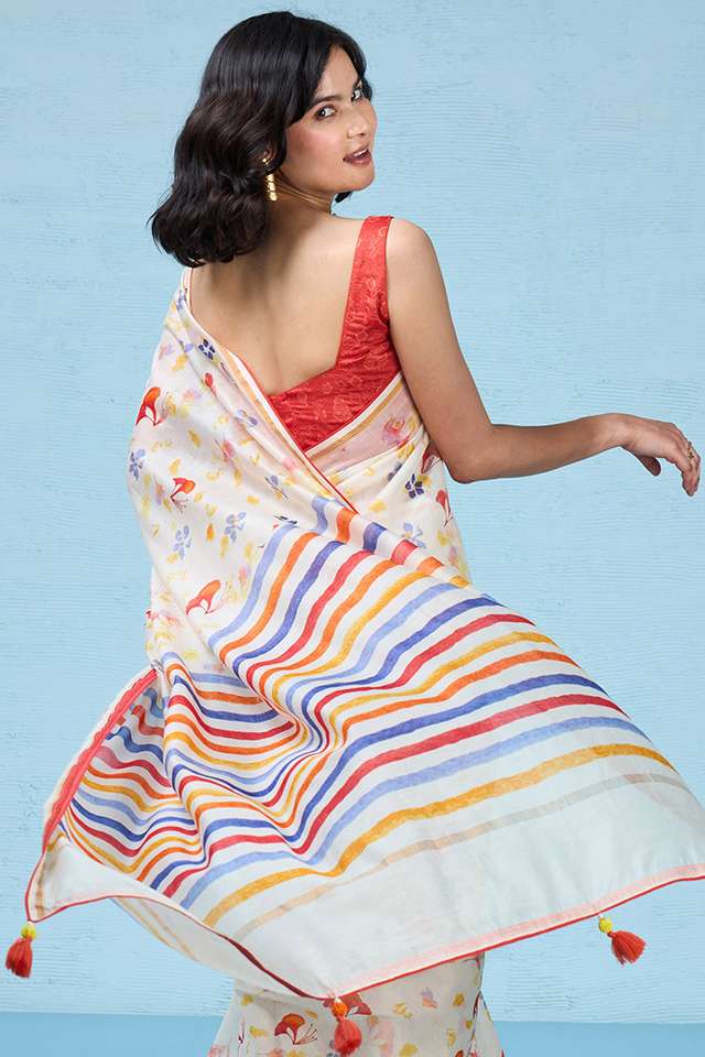 Off White Printed Pure Silk Cotton Saree thumbnail image number null