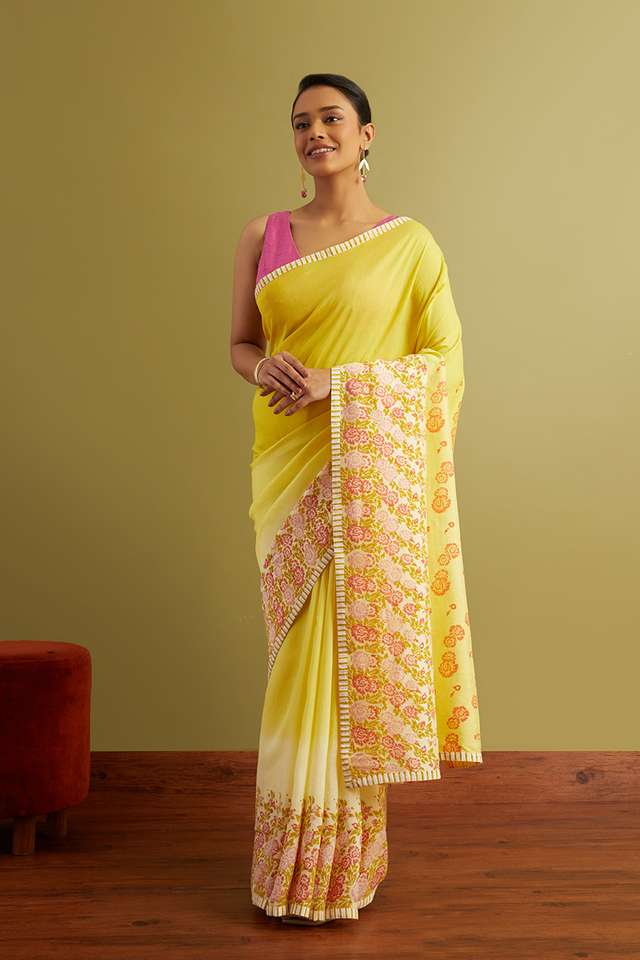Yellow Block Printed Viscose Luxe Saree image number