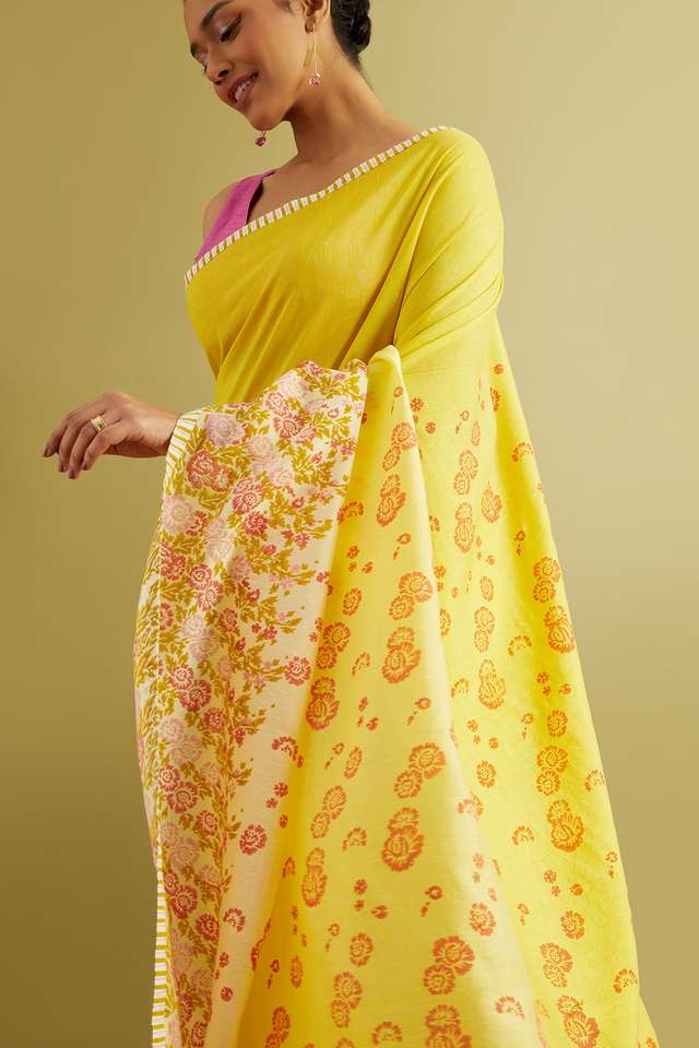 Yellow Block Printed Viscose Luxe Saree thumbnail image number null