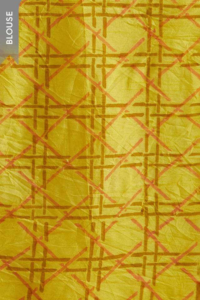 Yellow Block Printed Viscose Luxe Saree thumbnail image number null