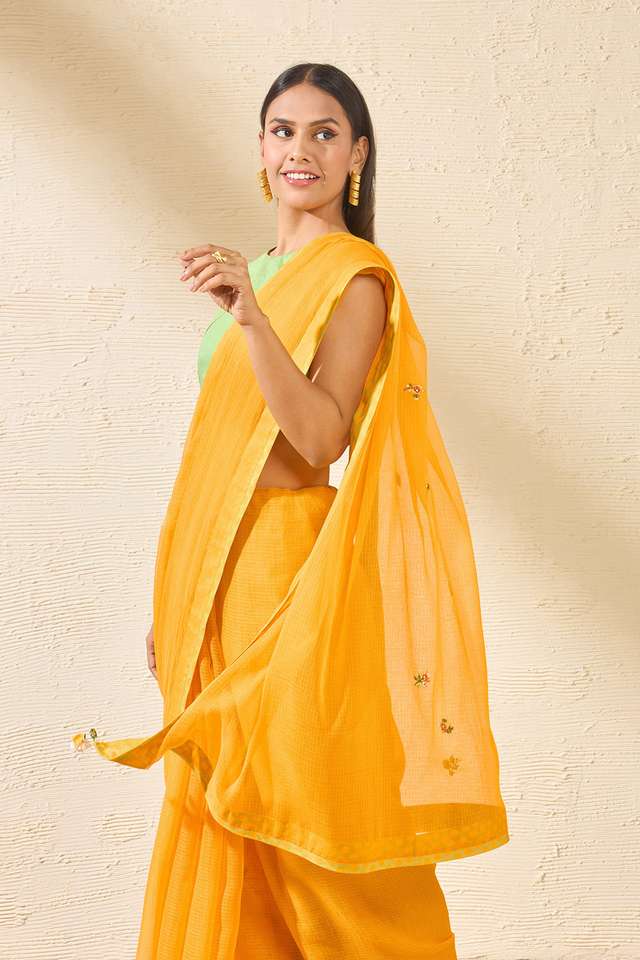 Yellow Pure Kota Embroidered Saree image number