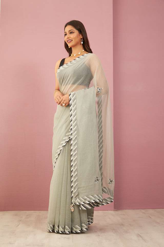 Grey Pure Kota Embroidered Saree