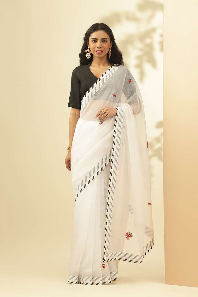 White Pure Kota Embroidered Saree image number