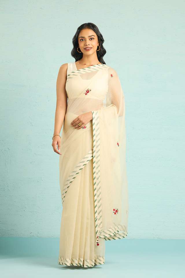Off White Pure Kota Embroidered Saree