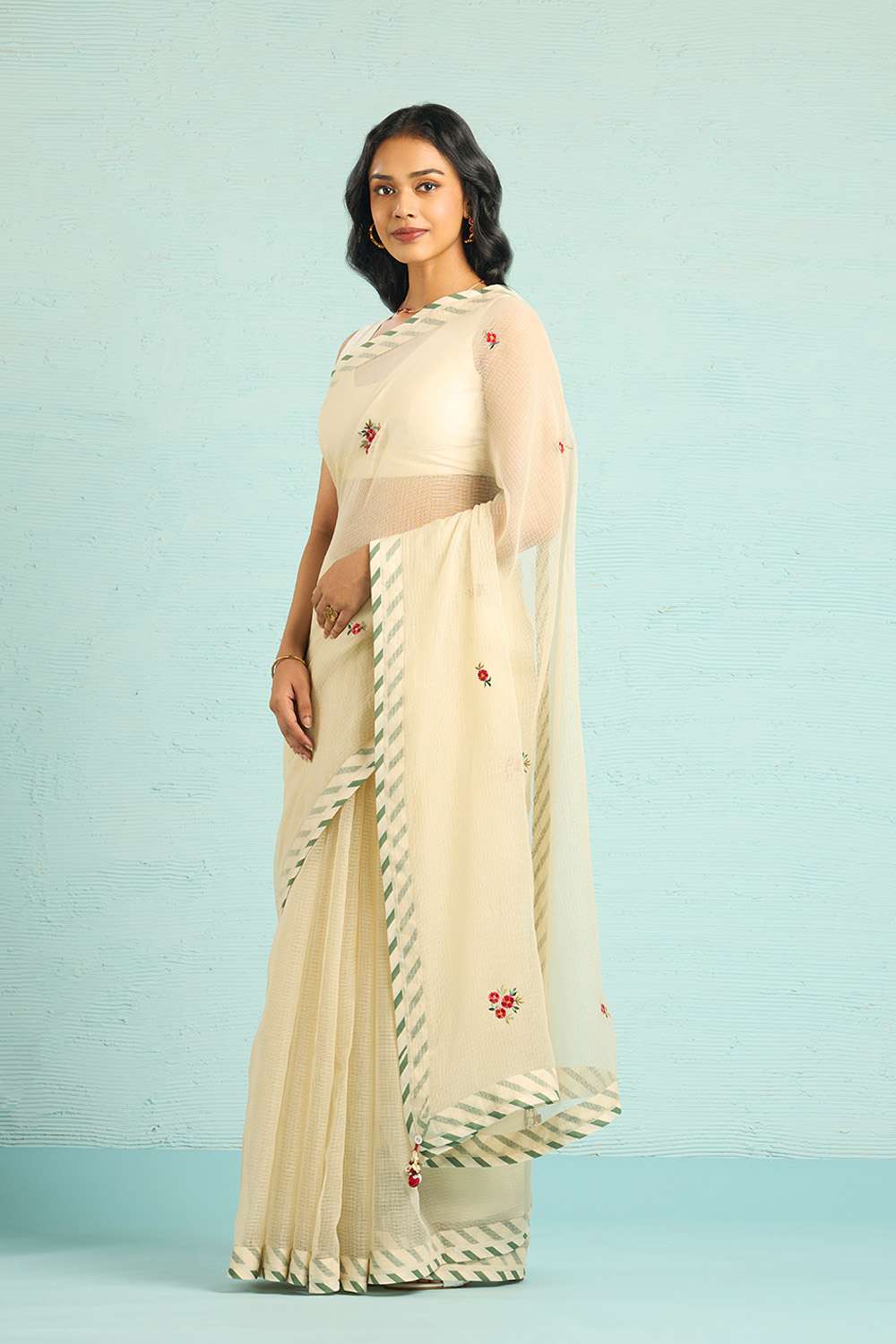 Off White Pure Kota Embroidered Saree image number null