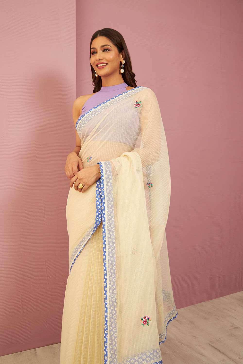 Beige Pure Kota Embroidered Saree image number null