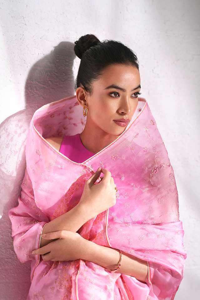 Pink Pure Silk Organza Embroidered Saree thumbnail image number null