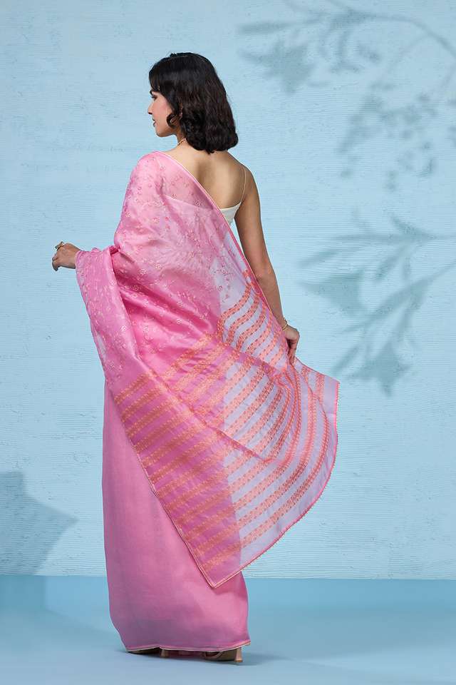 Pink Pure Silk Organza Embroidered Saree thumbnail image number null