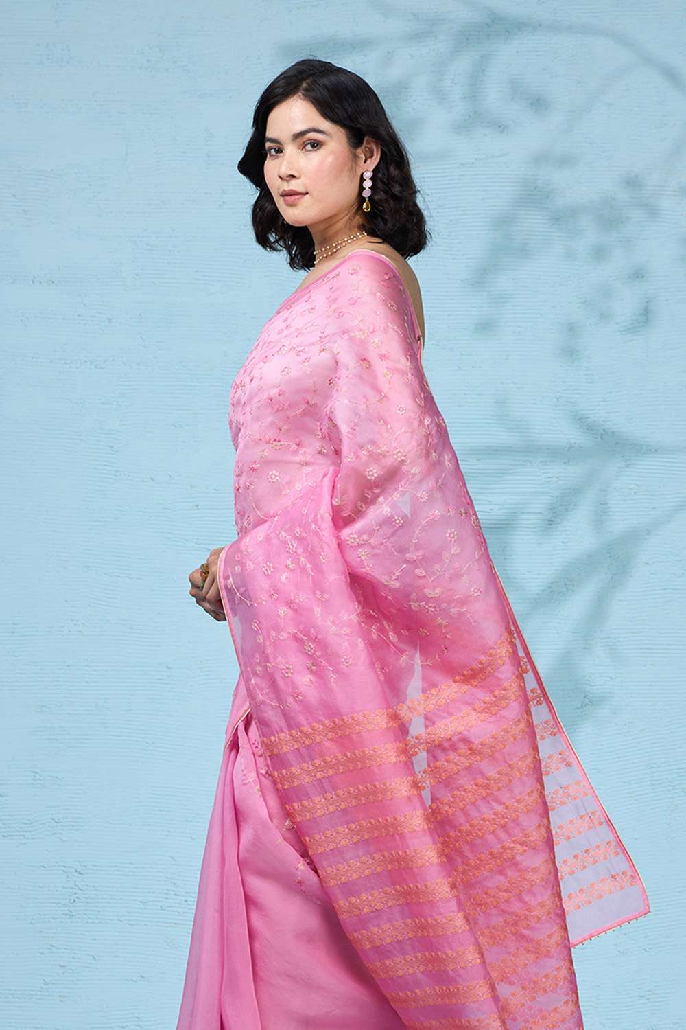 Pink Pure Silk Organza Embroidered Saree image number null