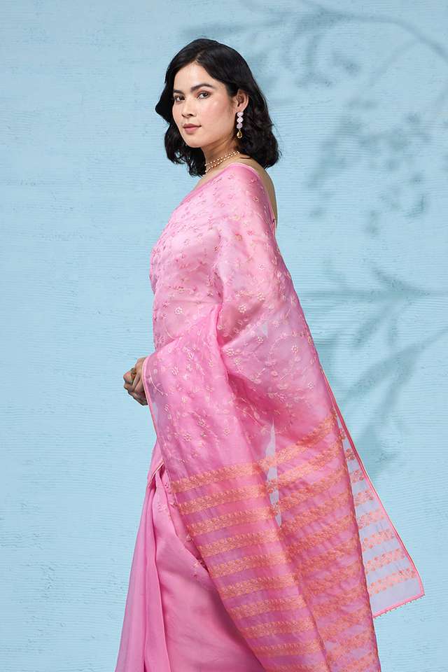 Pink Pure Silk Organza Embroidered Saree thumbnail image number null