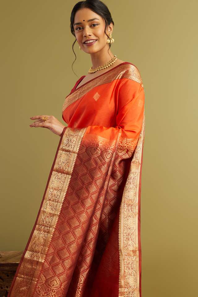 Orange Woven Silk Viscose Saree image number