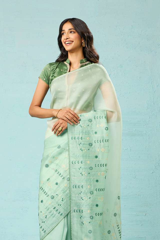 Light Green Pure Silk Organza Embroidered Saree image number
