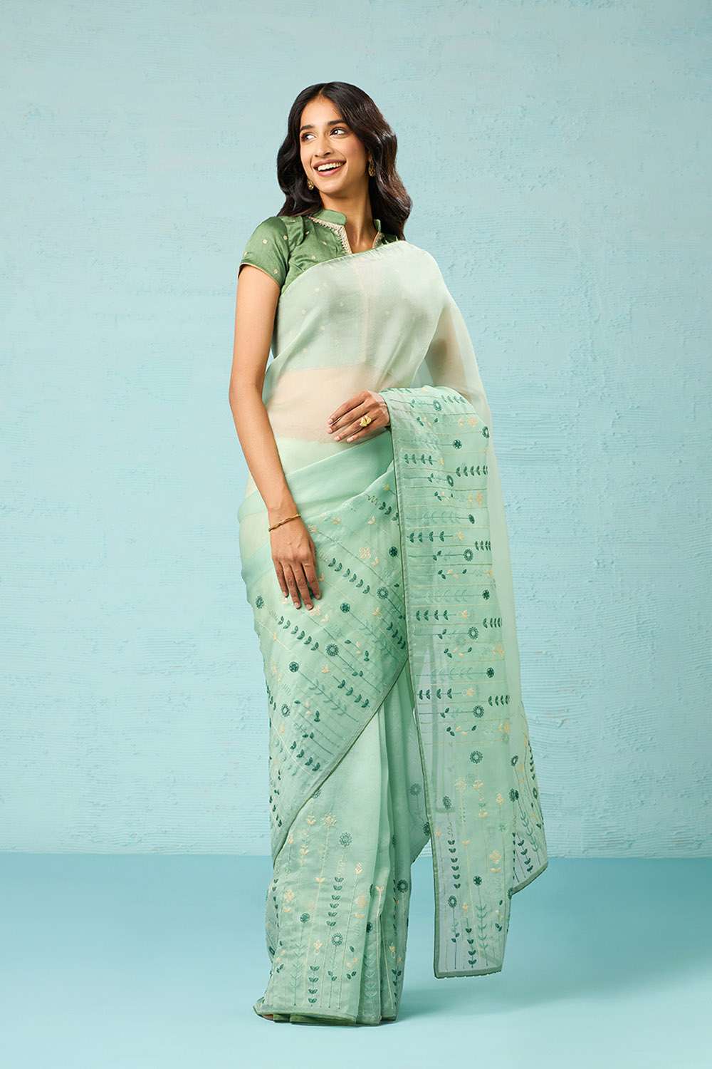 Light Green Pure Silk Organza Embroidered Saree image number null