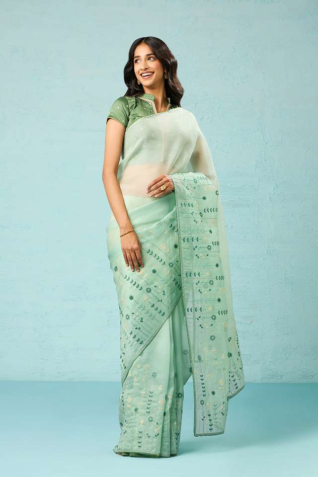 Light Green Pure Silk Organza Embroidered Saree thumbnail image number null