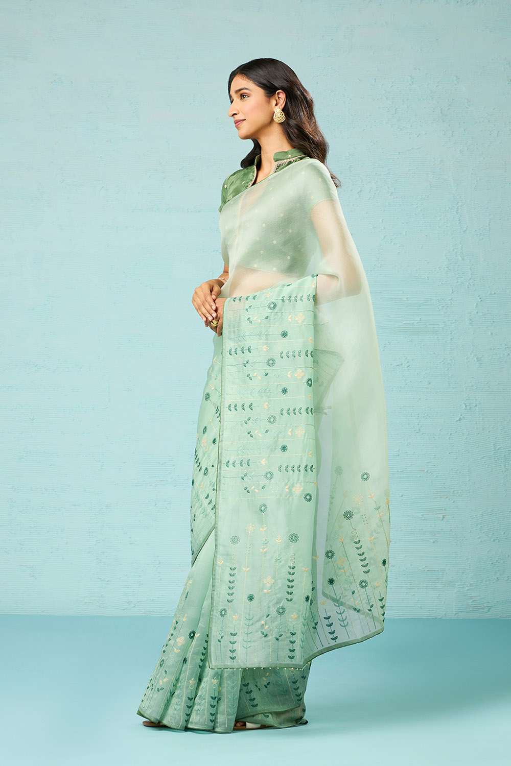 Light Green Pure Silk Organza Embroidered Saree image number null