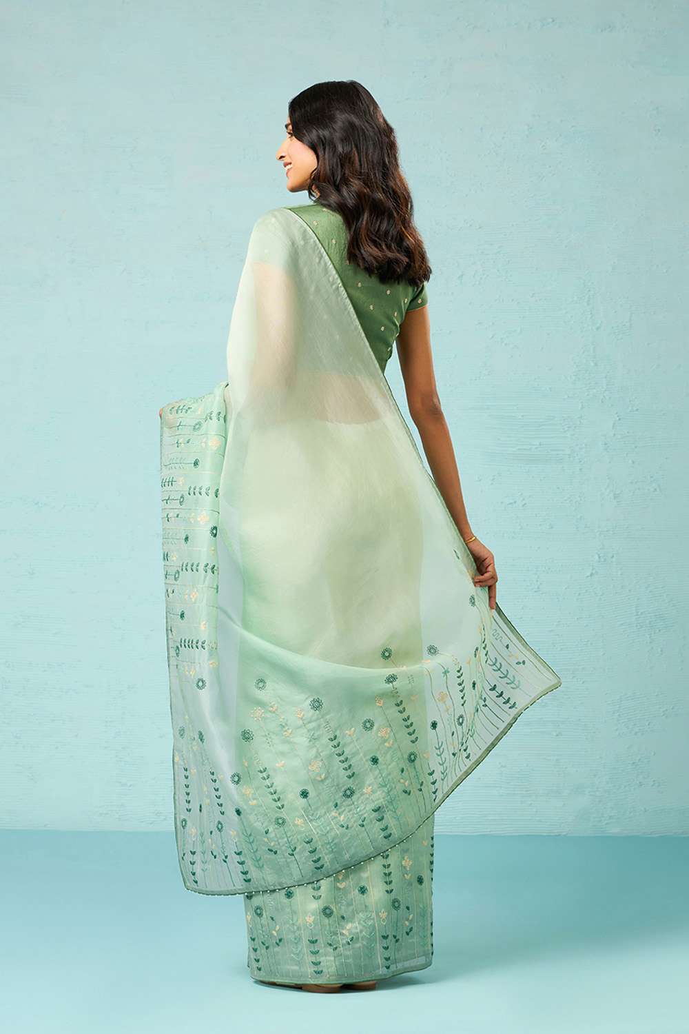 Light Green Pure Silk Organza Embroidered Saree image number null