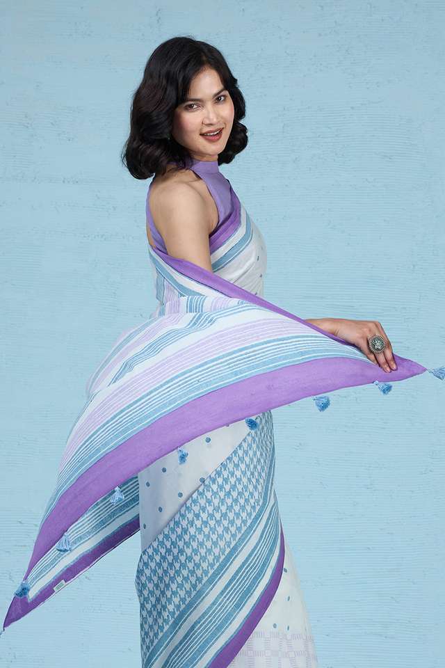White Pure Cotton Mulmul Block Printed Bengal Saree image number