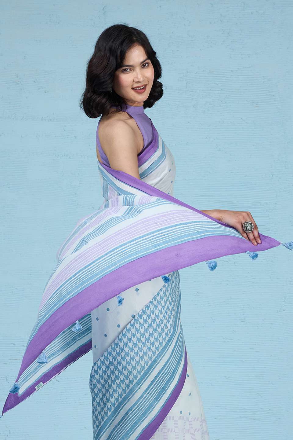 White Pure Cotton Mulmul Block Printed Bengal Saree