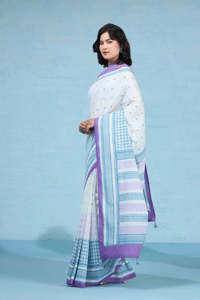 White Pure Cotton Mulmul Block Printed Bengal Saree thumbnail image number null