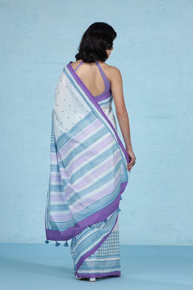 White Pure Cotton Mulmul Block Printed Bengal Saree thumbnail image number null
