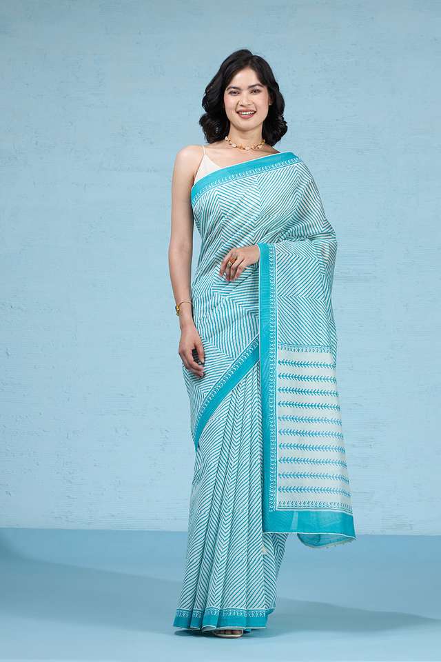 Blue Pure Silk Cotton Block Printed Bengal Saree image number